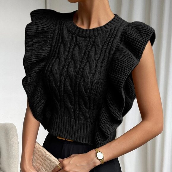 Black Preppy Womens Cable Knit Ruffle Trim Sweater Vest - Picture 5 of 5